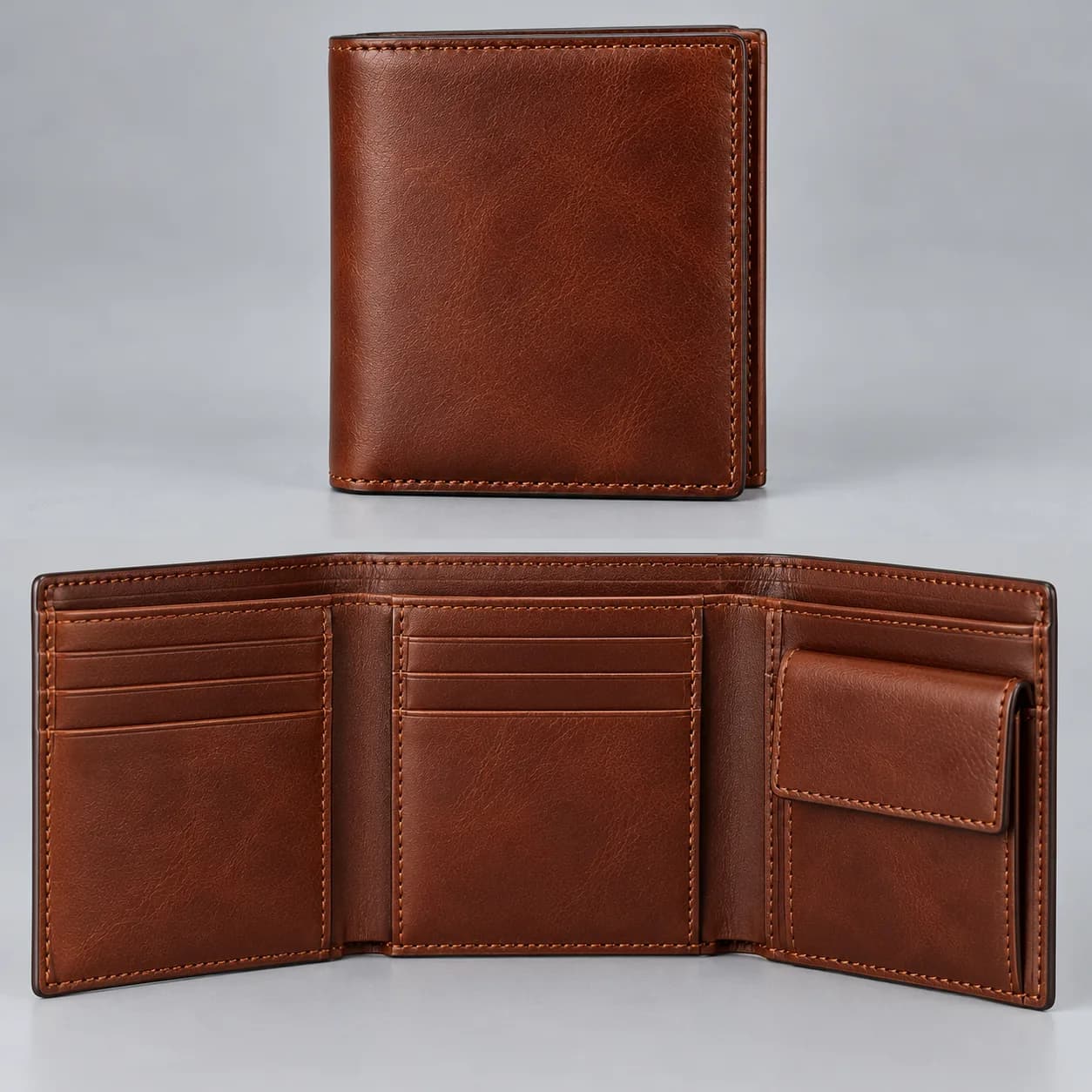 Leather trifold wallet product direction on a neutral studio background
