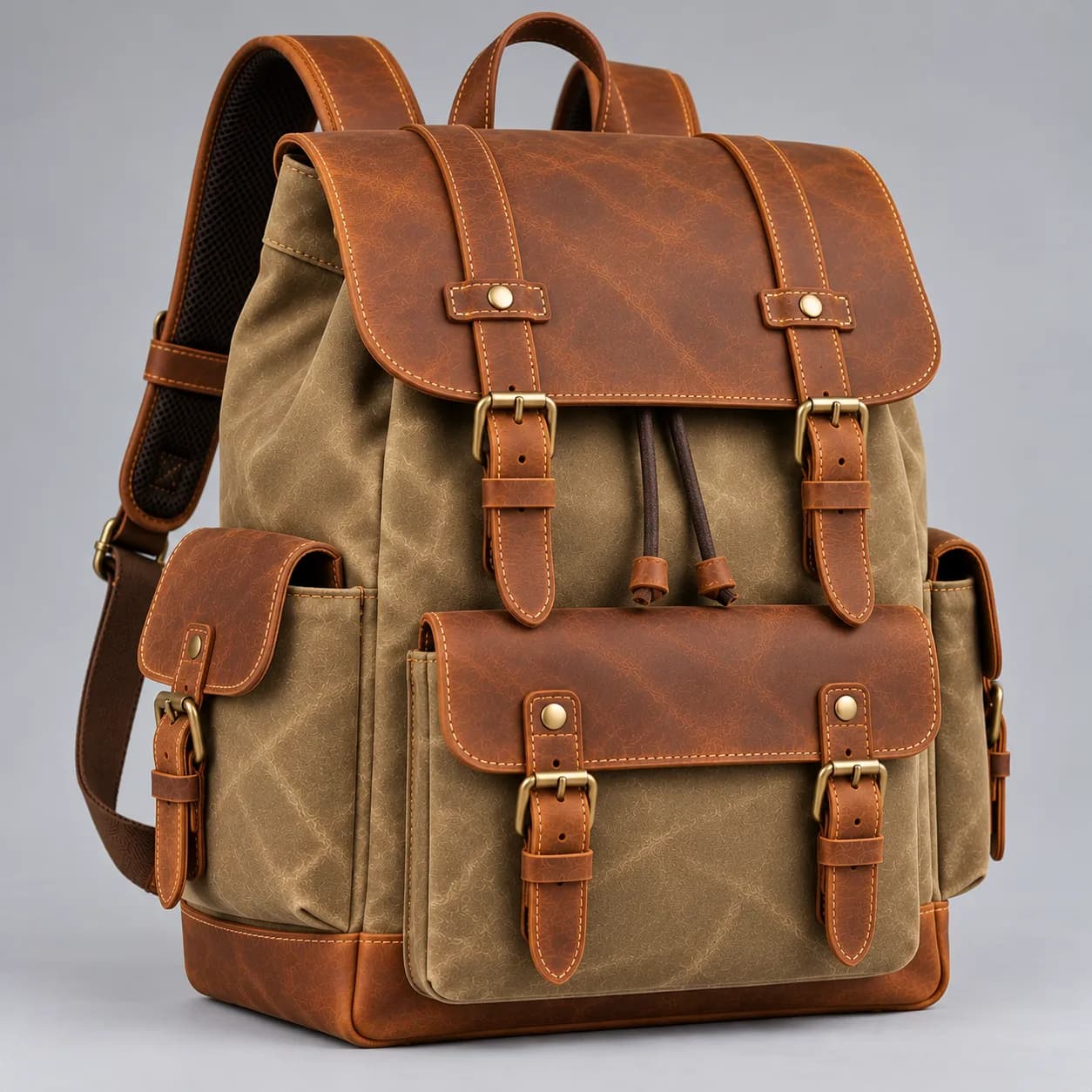 Waxed canvas and leather rucksack product direction on a neutral studio background