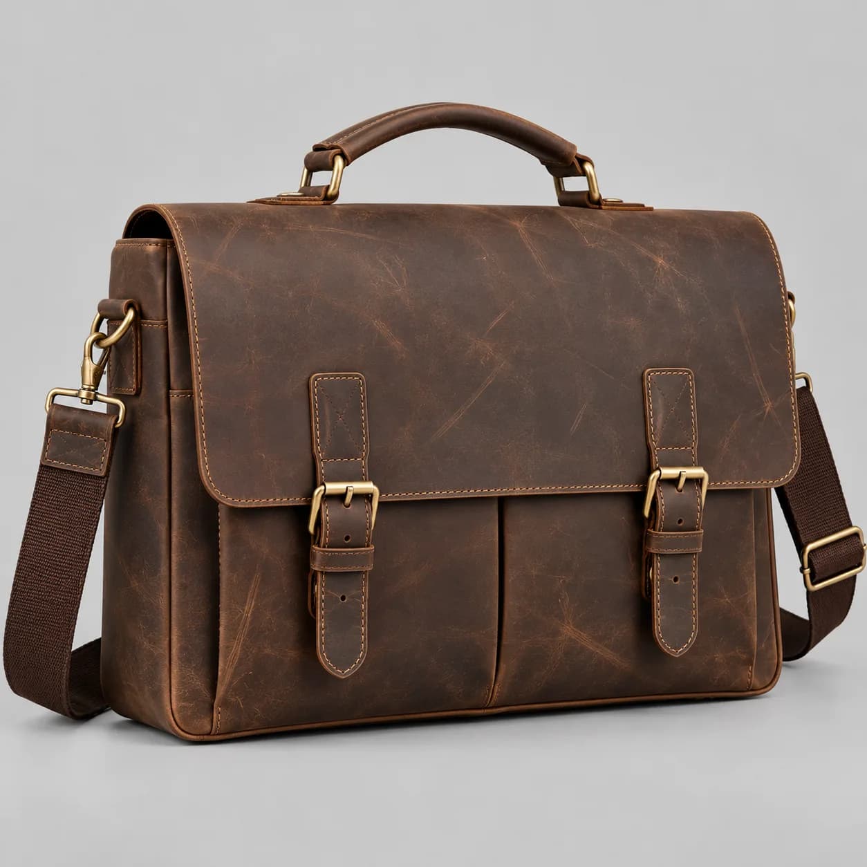 Leather messenger bag product direction on a neutral studio background
