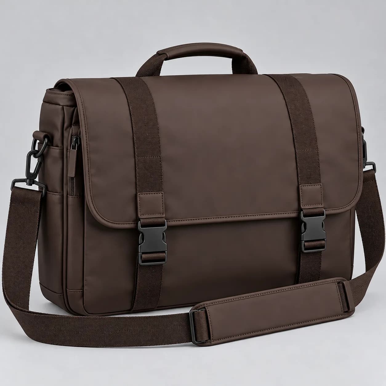 rPET messenger bag product direction on a neutral studio background