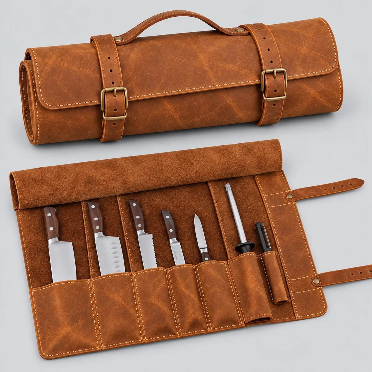 Leather knife roll product direction on a neutral studio background