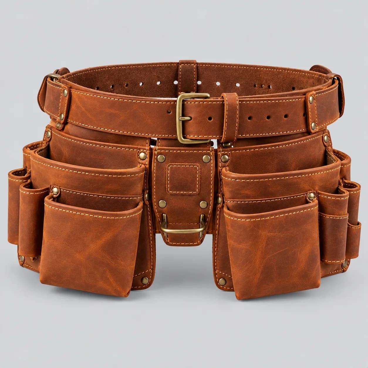 Leather tool belt product direction on a neutral studio background