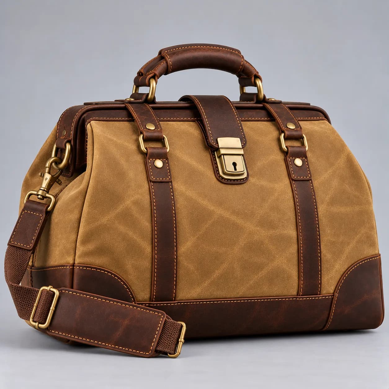 Waxed canvas and leather doctor bag product direction on a neutral studio background
