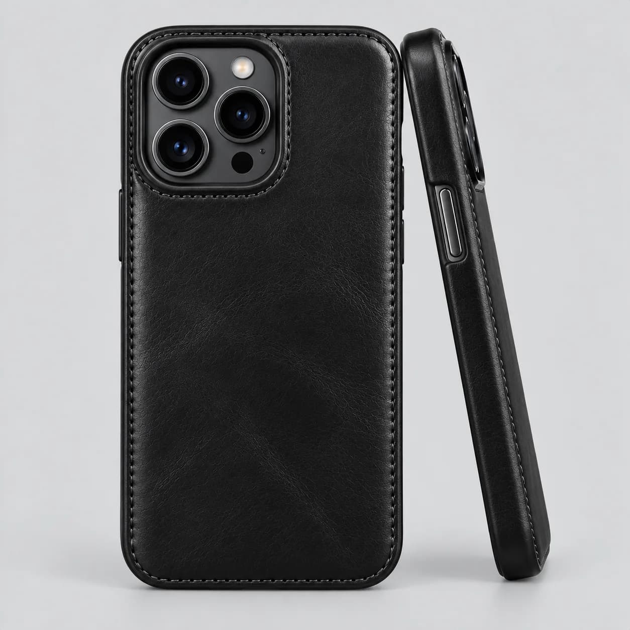 Leather phone case product direction on a neutral studio background