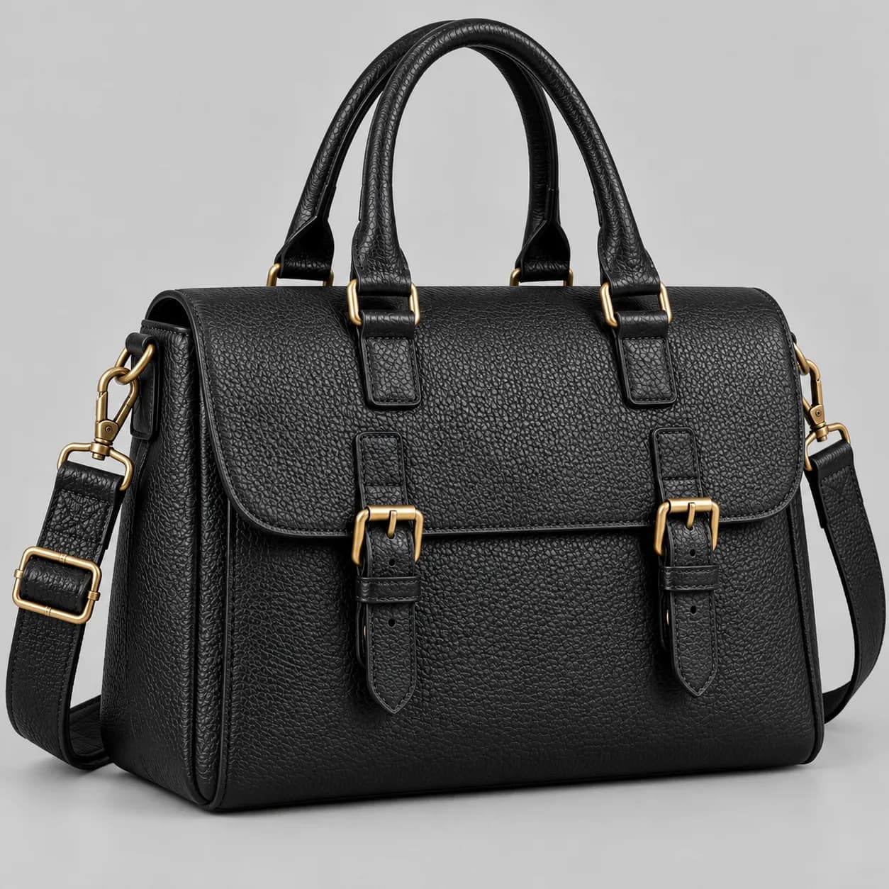 Leather satchel bag product direction on a neutral studio background