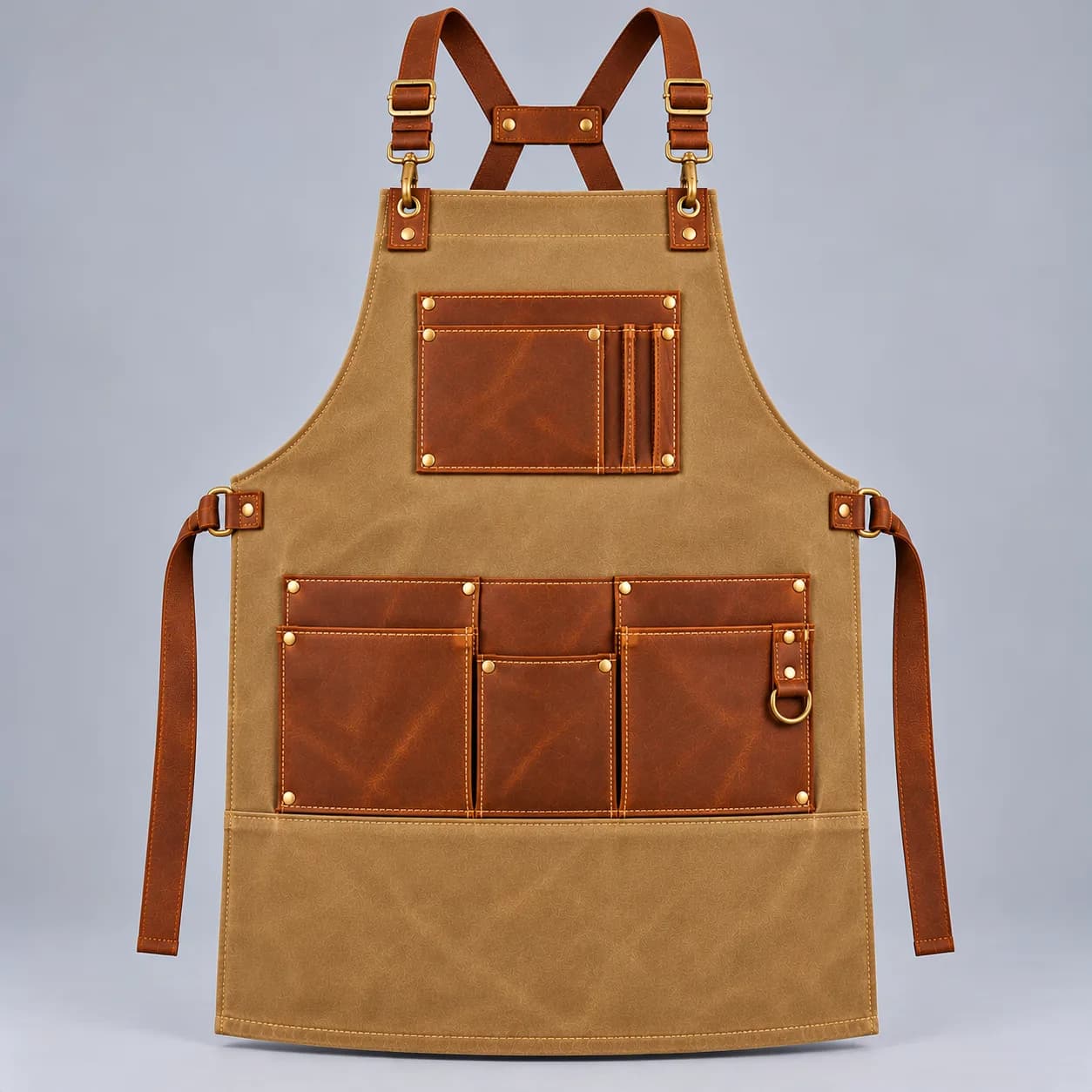 Waxed canvas and leather work apron product direction on a neutral studio background