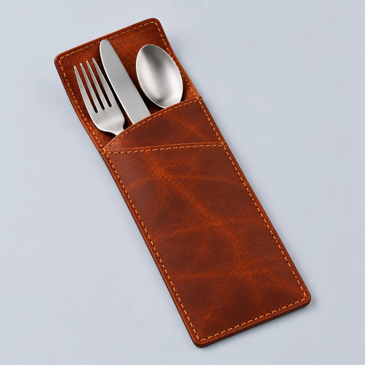 Leather flatware pouch product direction on a neutral studio background