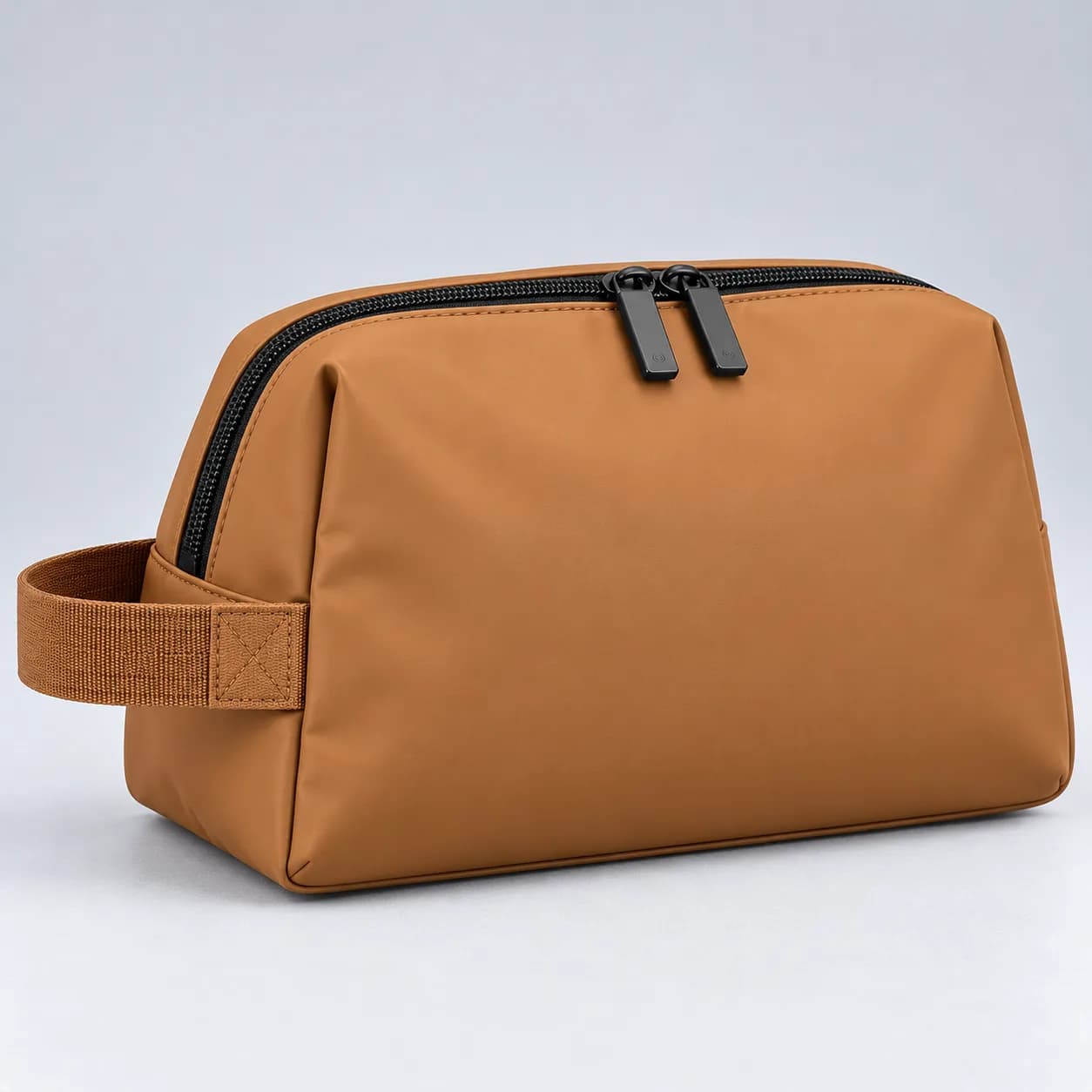 rPET cosmetic bag product direction on a neutral studio background
