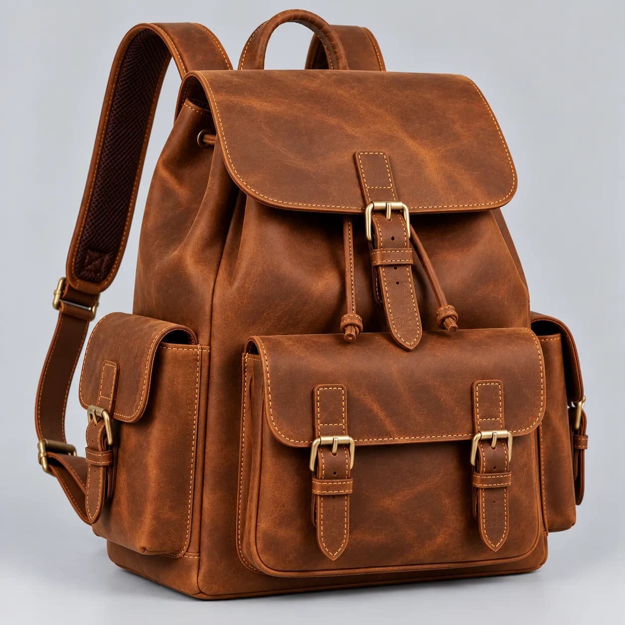 Leather rucksack product direction on a neutral studio background