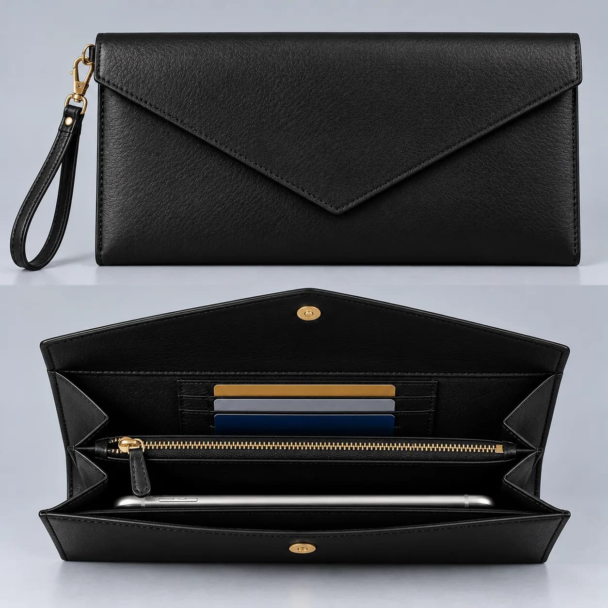 Leather envelope clutch product direction on a neutral studio background