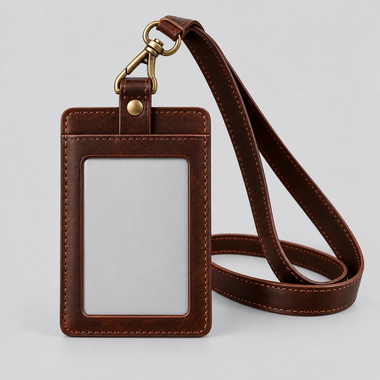 Leather id and badge holder product direction on a neutral studio background