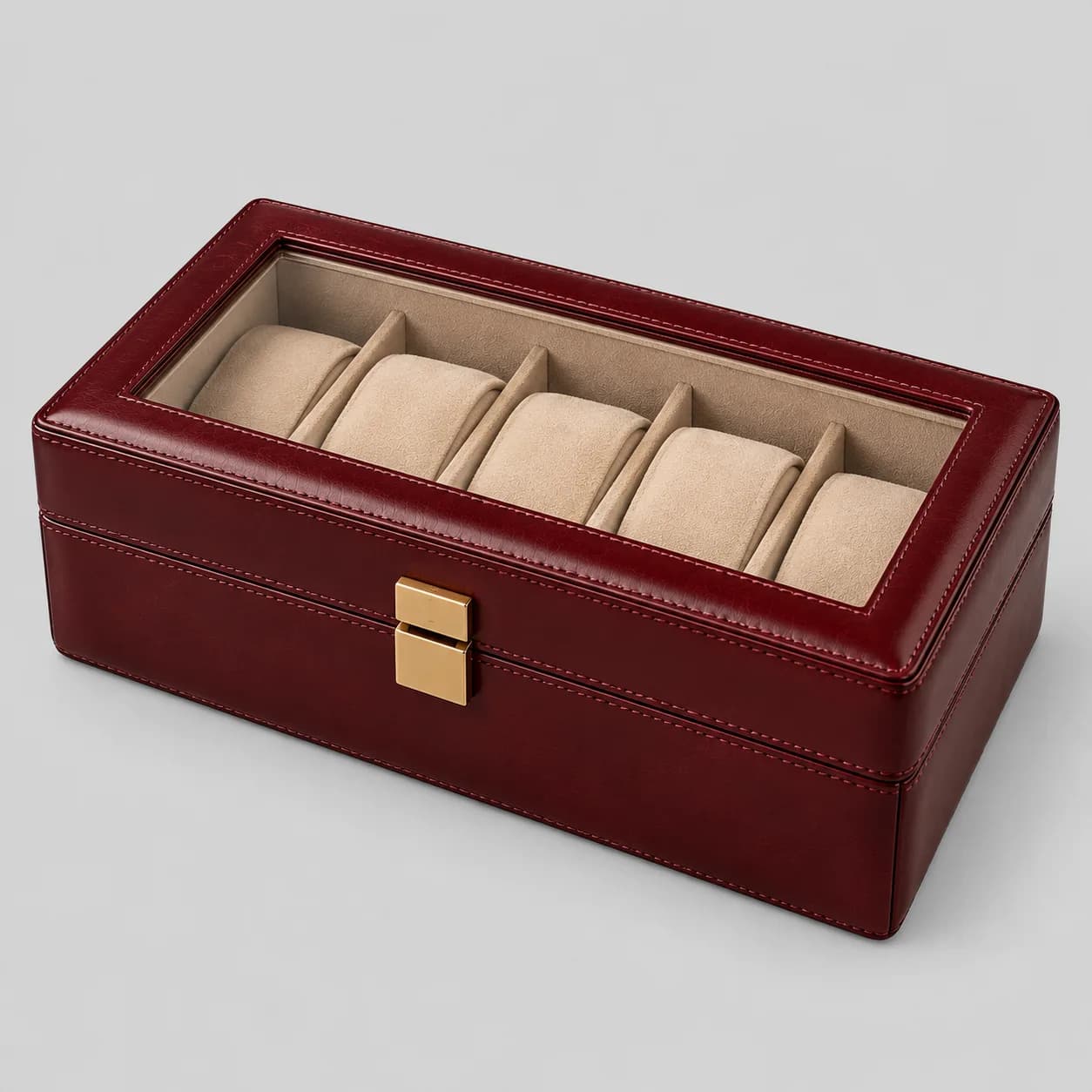 Leather watch box product direction on a neutral studio background
