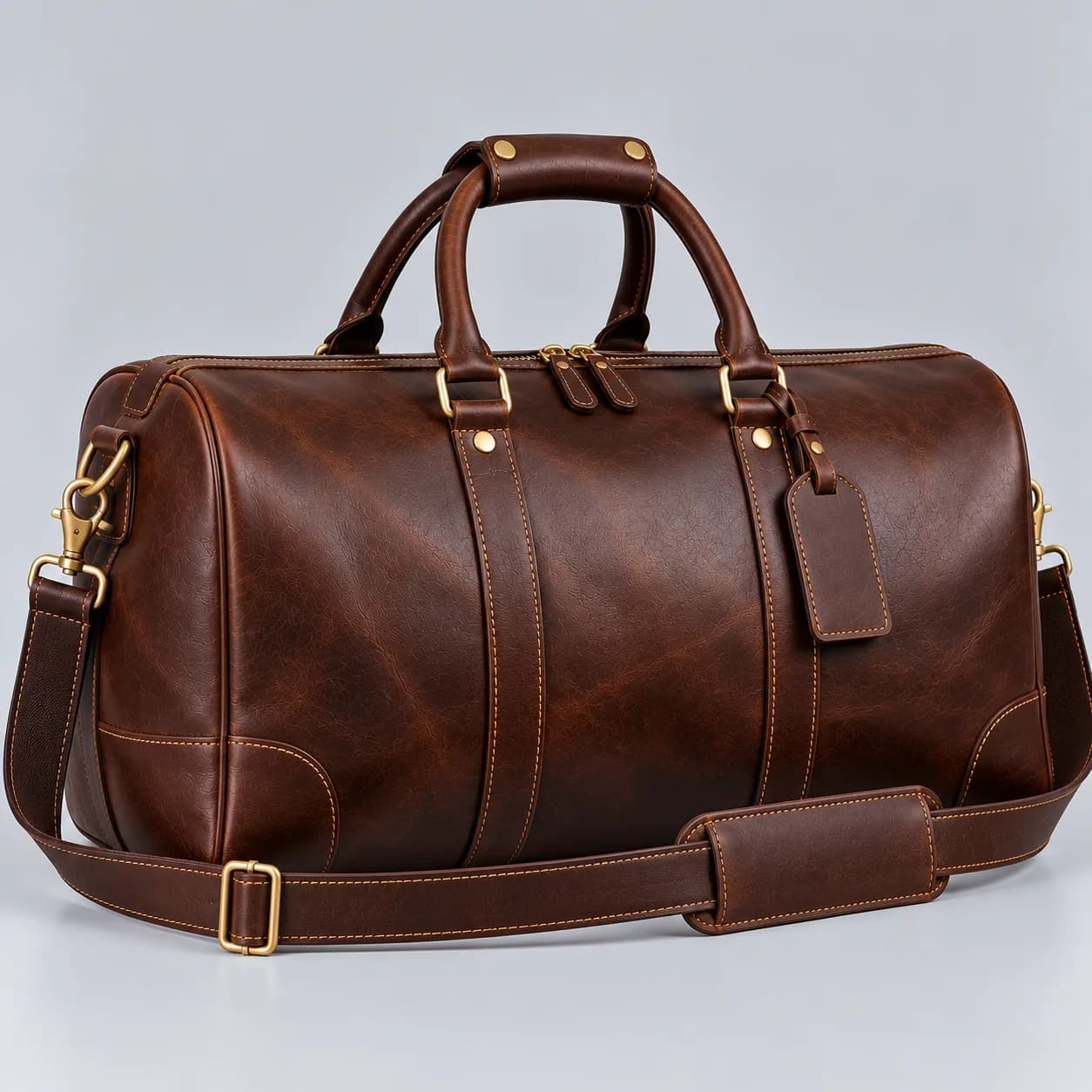 Leather duffle bag product direction on a neutral studio background