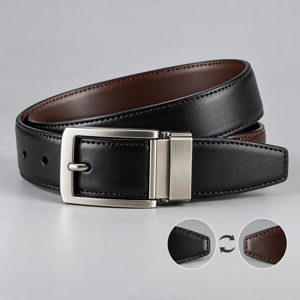 Leather reversible belt product direction on a neutral studio background