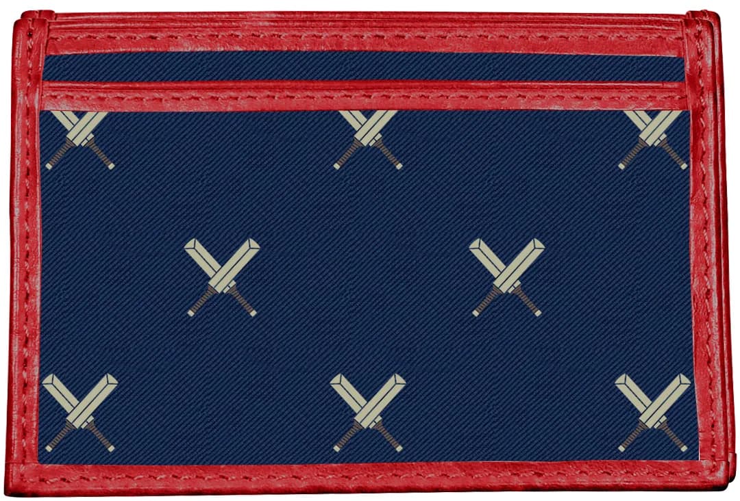 Card-holder sample with a navy patterned panel and red border