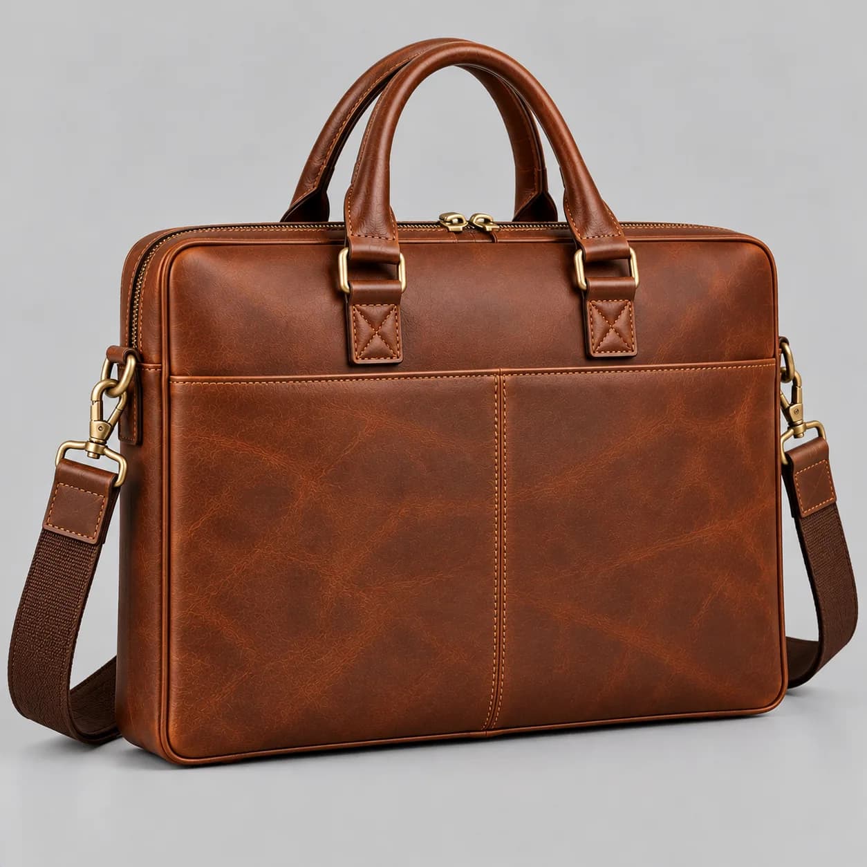 Leather briefcase bag product direction on a neutral studio background