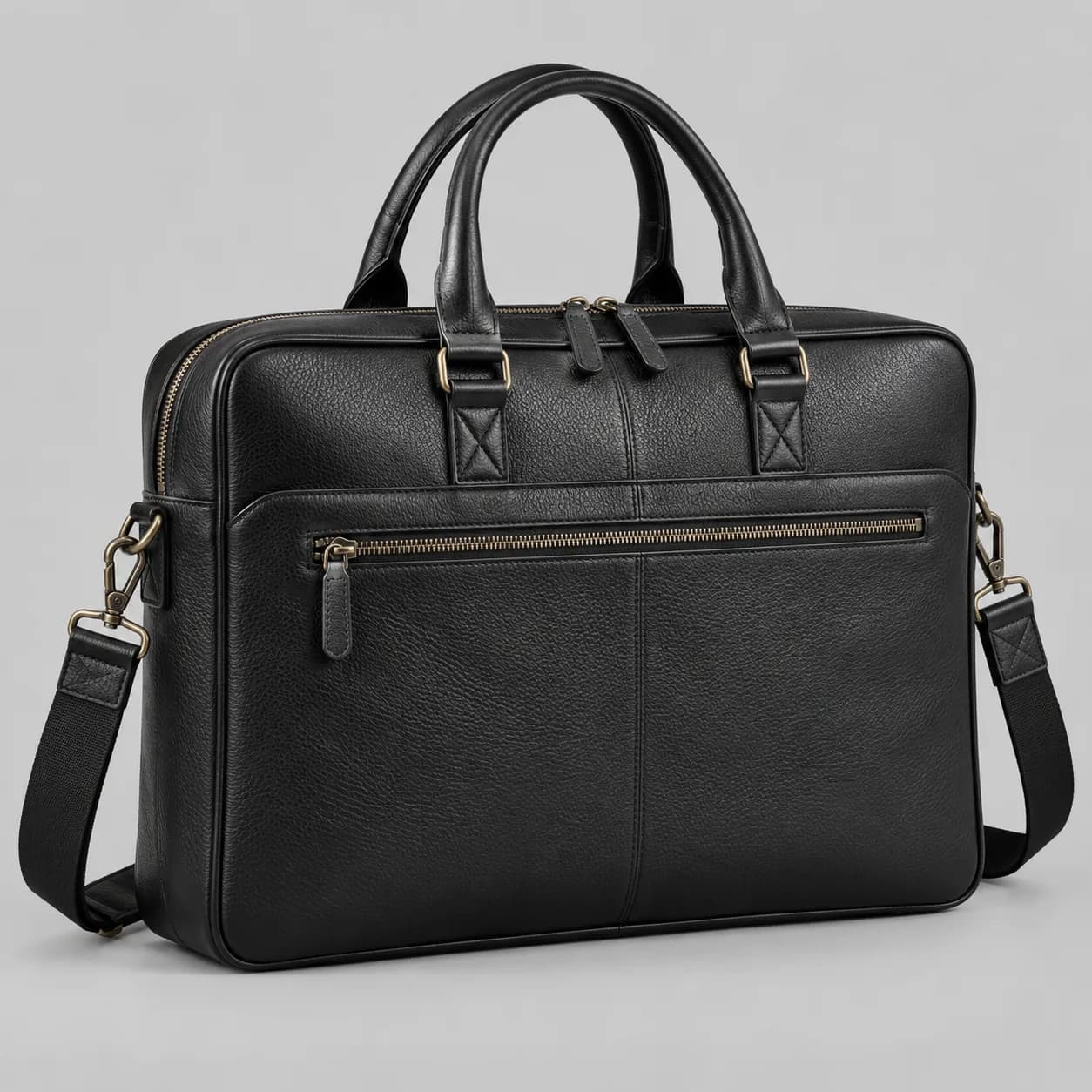 Leather laptop bag product direction on a neutral studio background