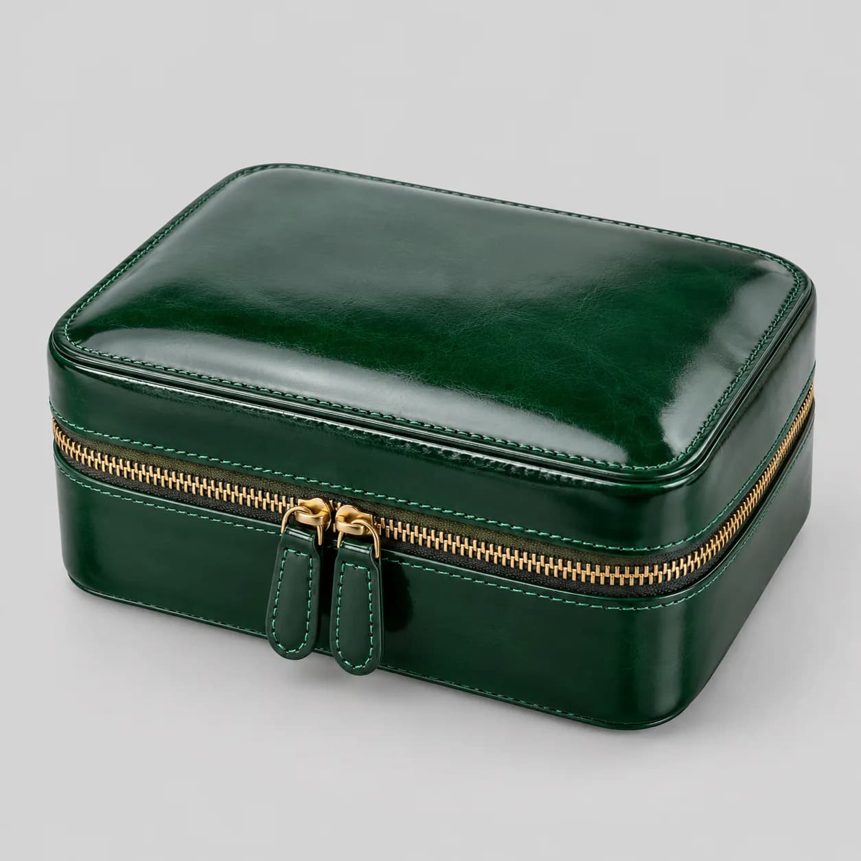 Leather jewelry box product direction on a neutral studio background