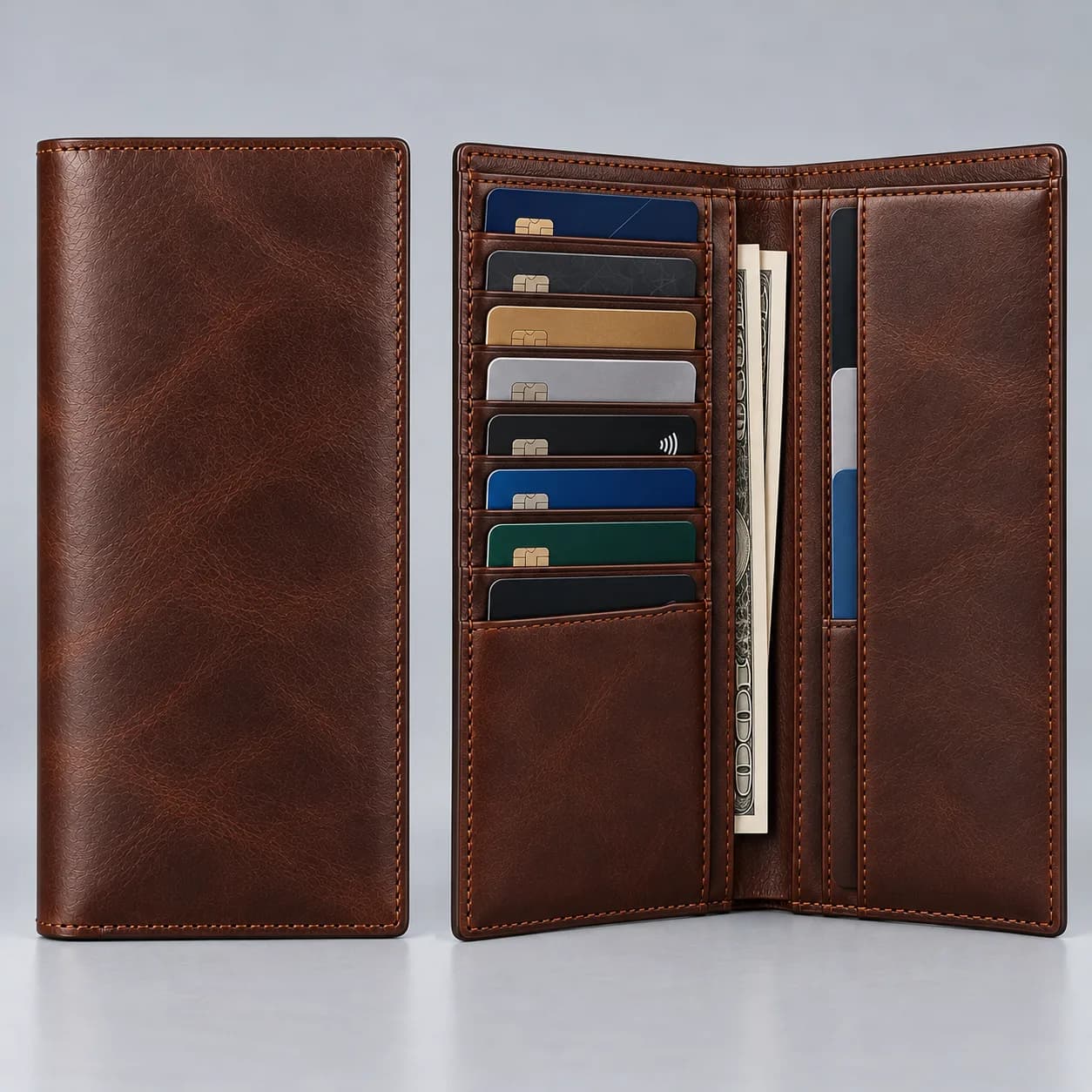 Leather coat wallet product direction on a neutral studio background