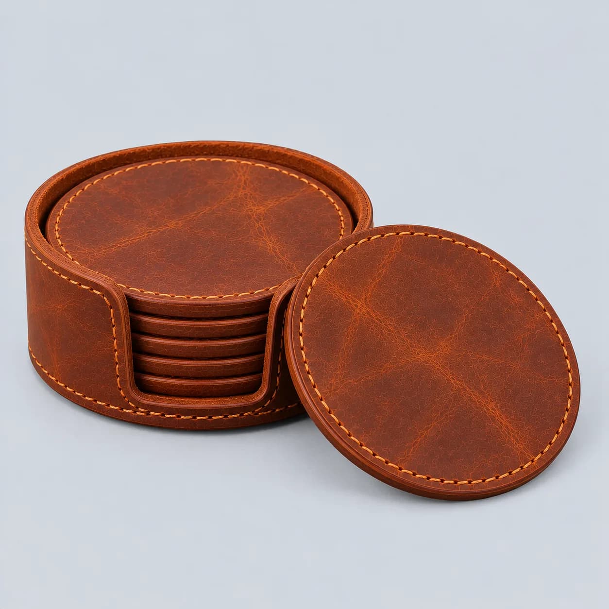 Leather coaster product direction on a neutral studio background