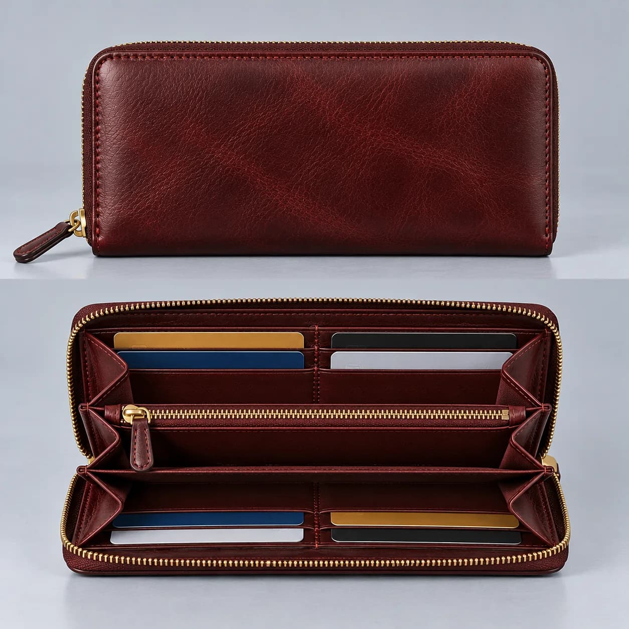 Leather zipper purse product direction on a neutral studio background