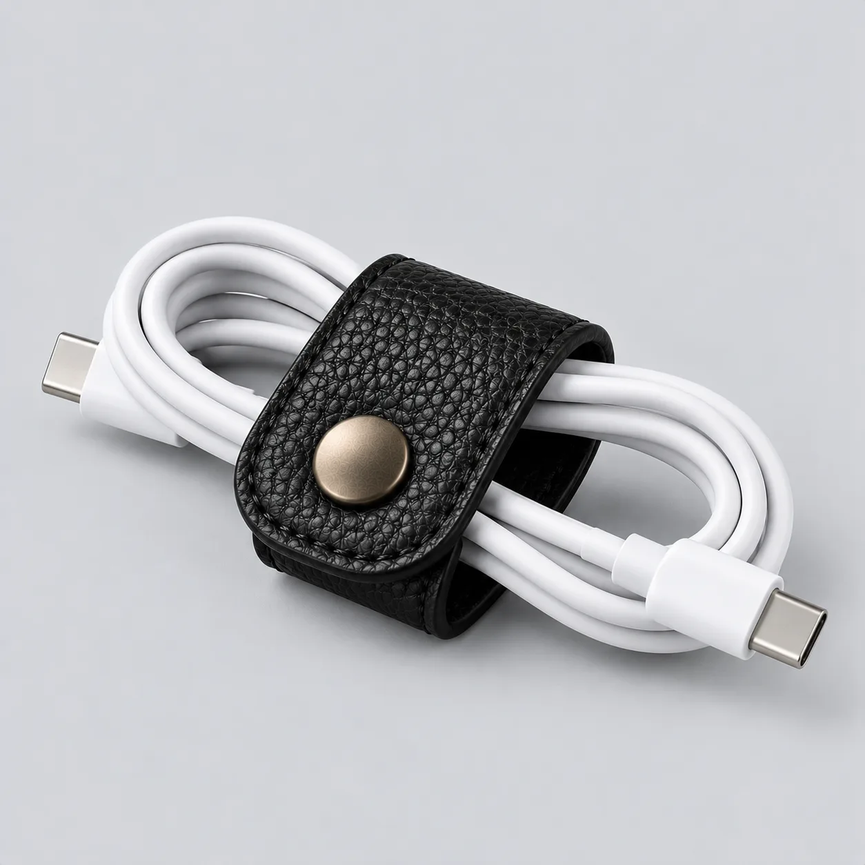 Leather cable organizer product direction on a neutral studio background