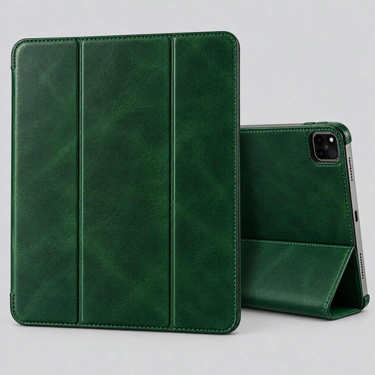 Leather tablet sleeve product direction on a neutral studio background