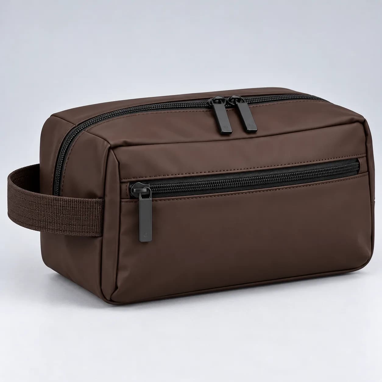 rPET toiletry bag product direction on a neutral studio background