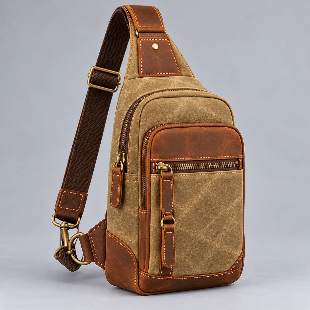 Waxed canvas and leather chest bag product direction on a neutral studio background