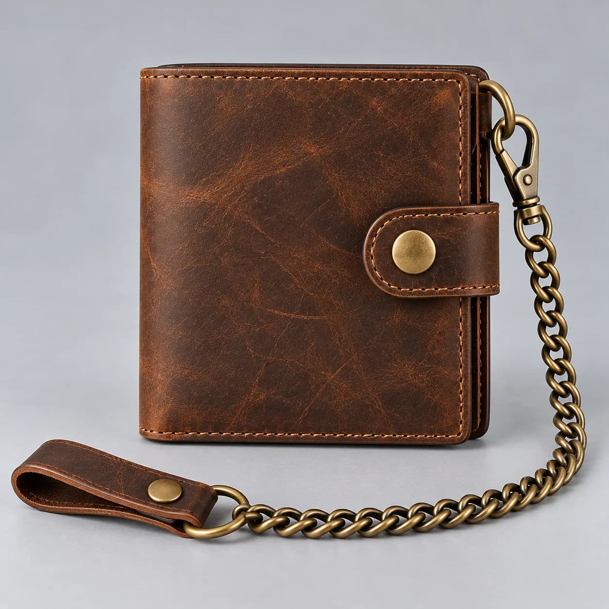 Leather trucker wallet product direction on a neutral studio background