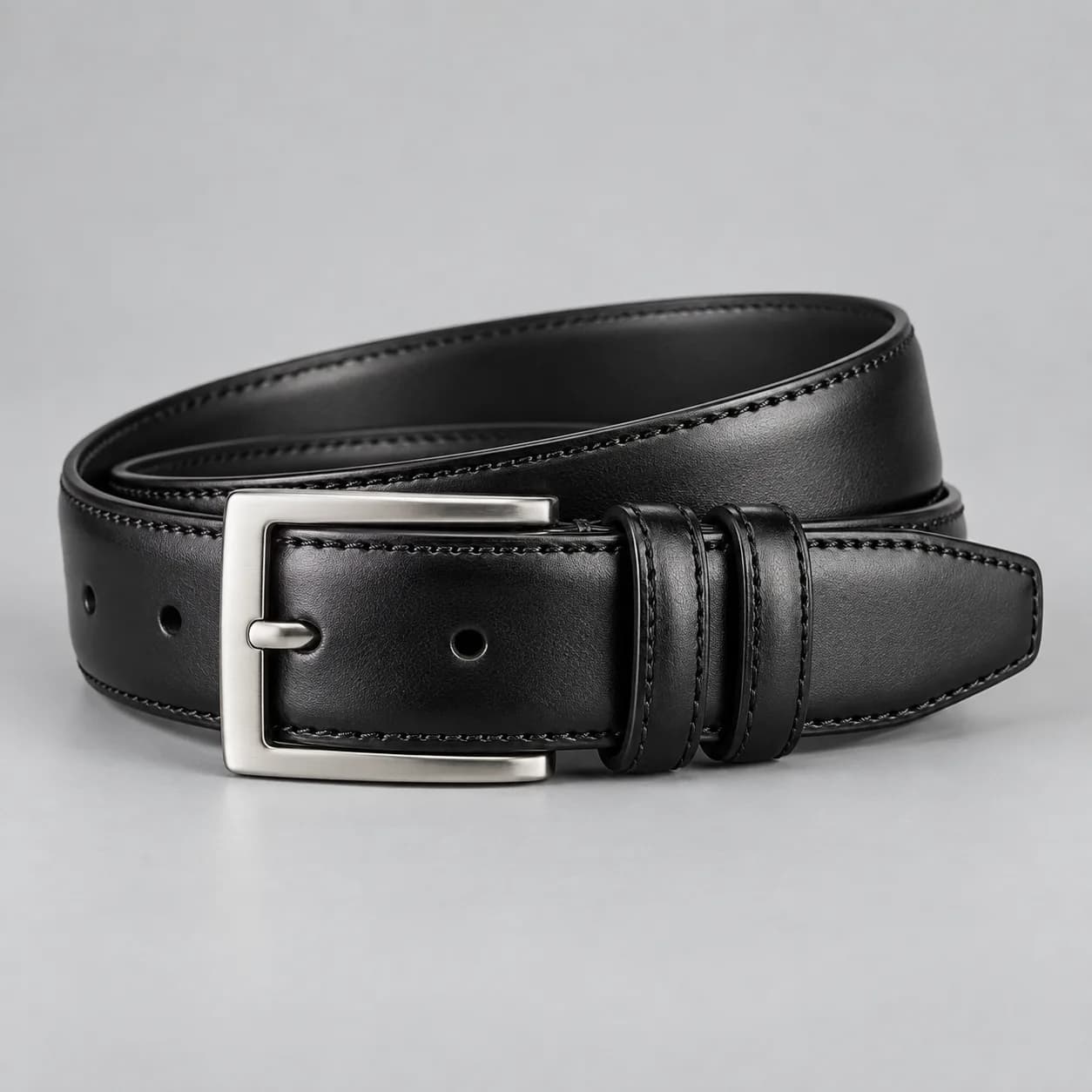 Leather formal belt product direction on a neutral studio background