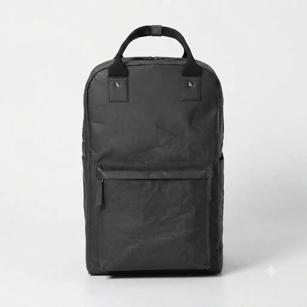 Black backpack with top handles and a front pocket
