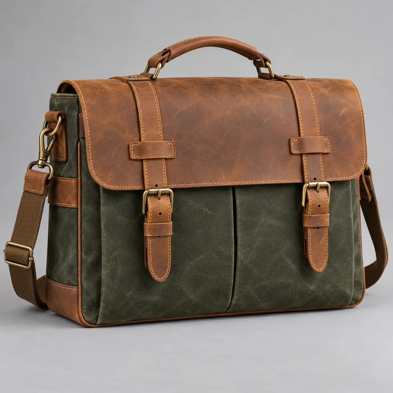Waxed canvas and leather laptop bag product direction on a neutral studio background