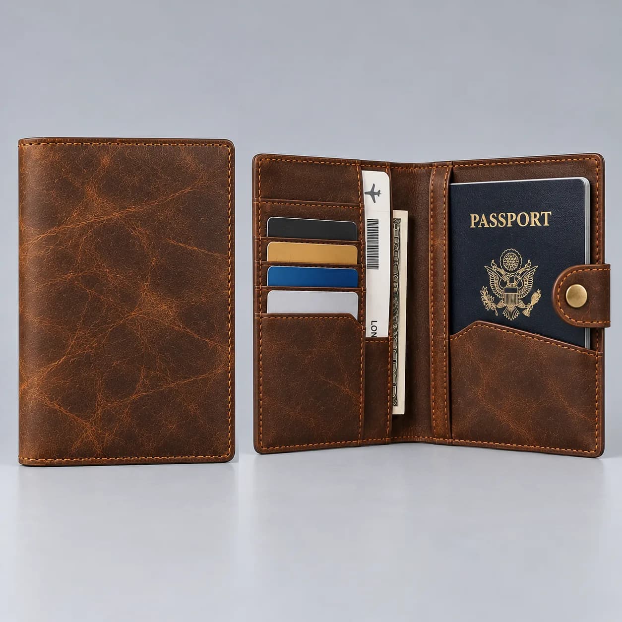 Leather passport wallet product direction on a neutral studio background