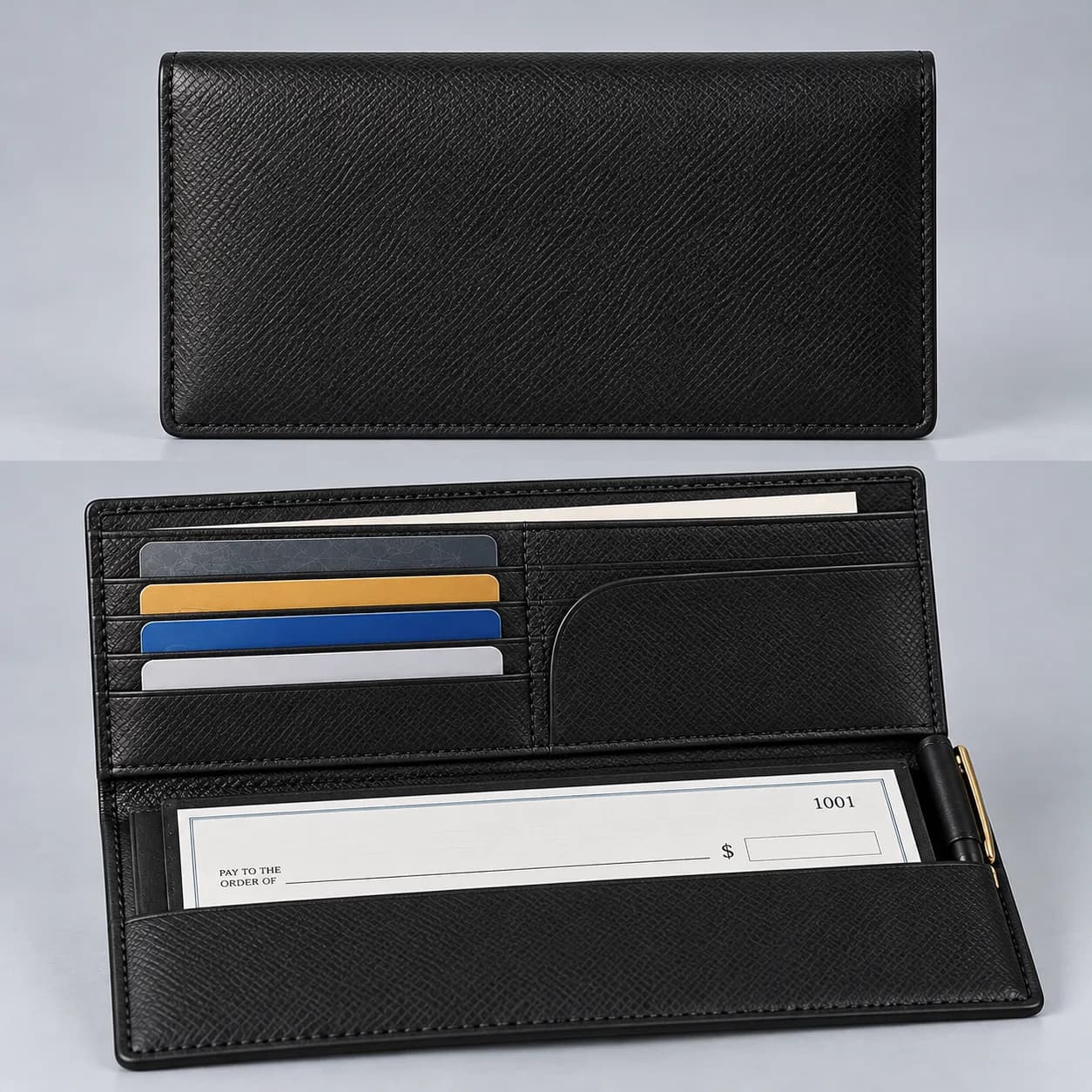 Leather checkbook wallet product direction on a neutral studio background