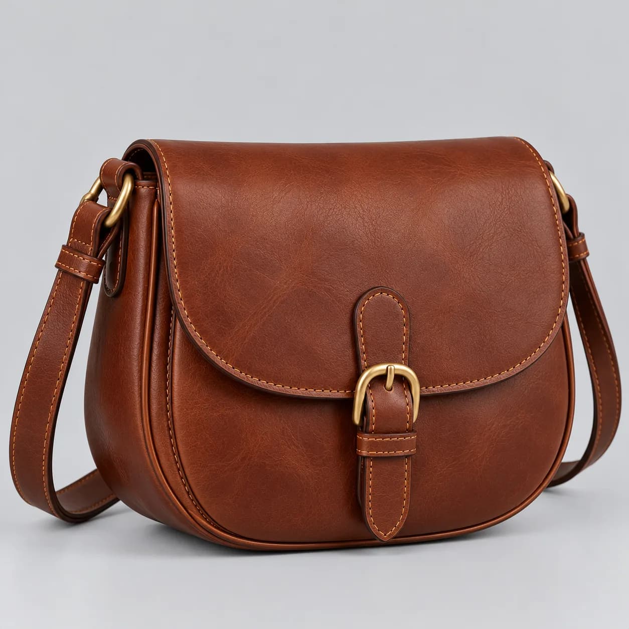 Leather saddle bag product direction on a neutral studio background