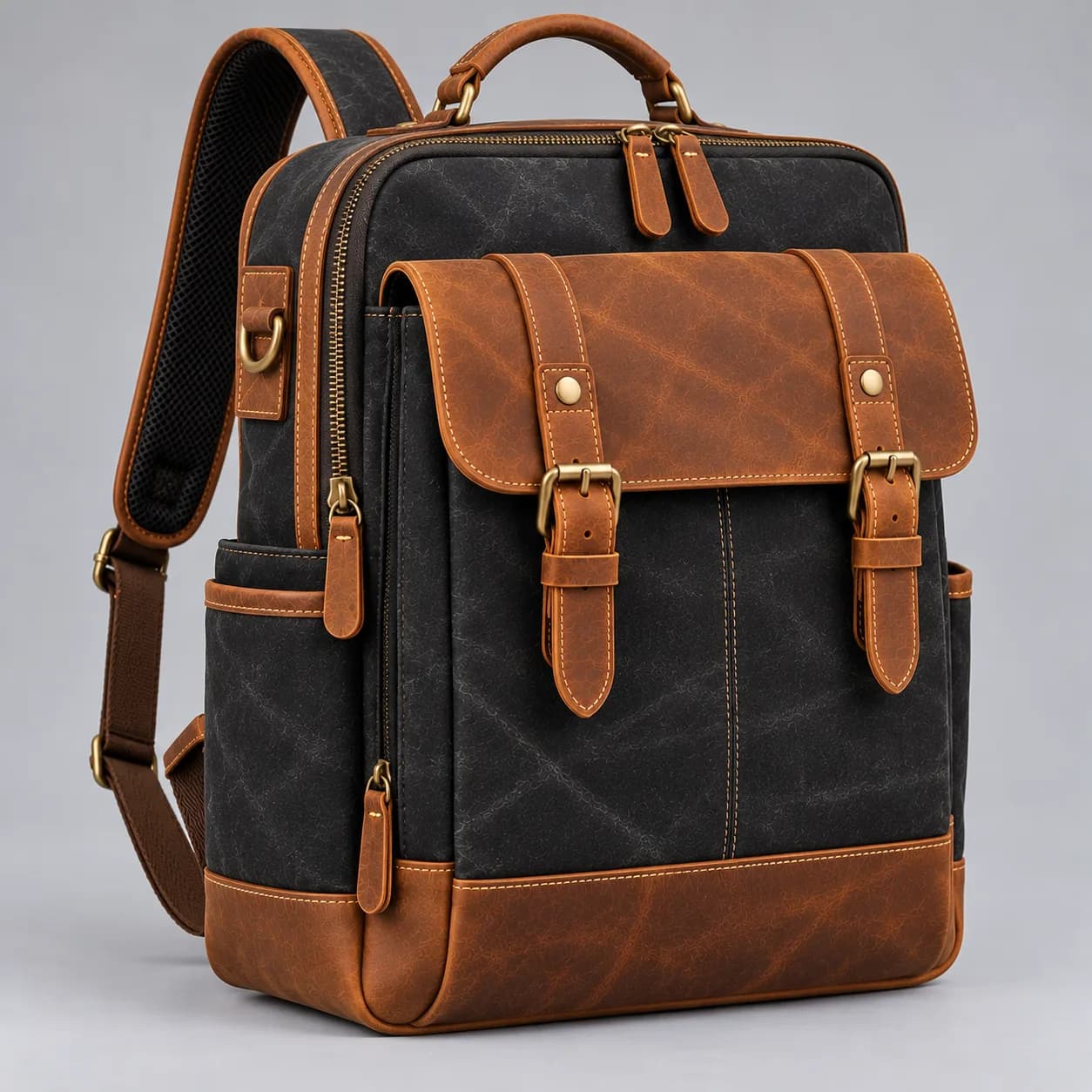 Waxed canvas and leather backpack product direction on a neutral studio background