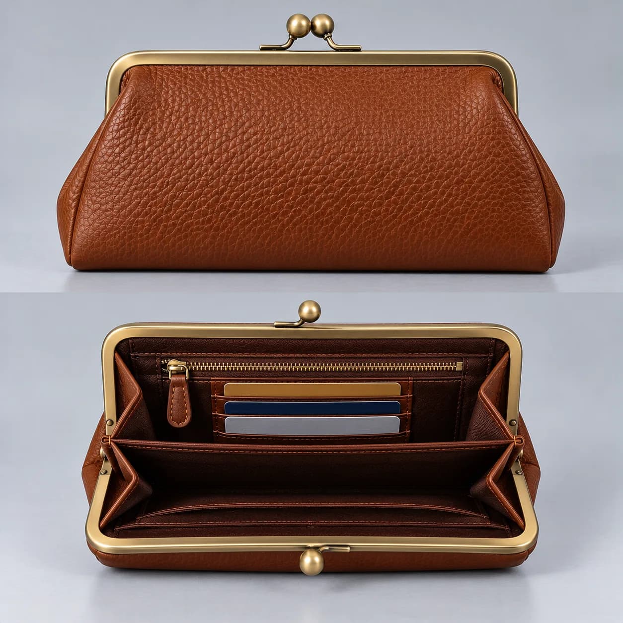 Leather kiss lock clutch product direction on a neutral studio background