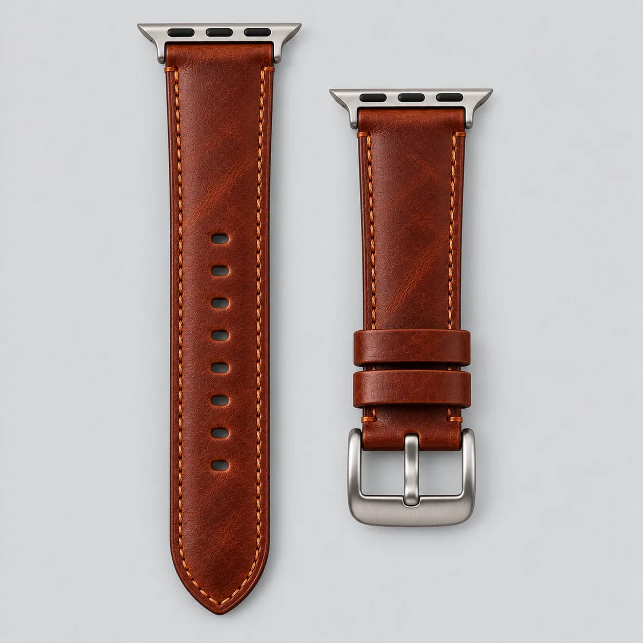 Leather watch band product direction on a neutral studio background