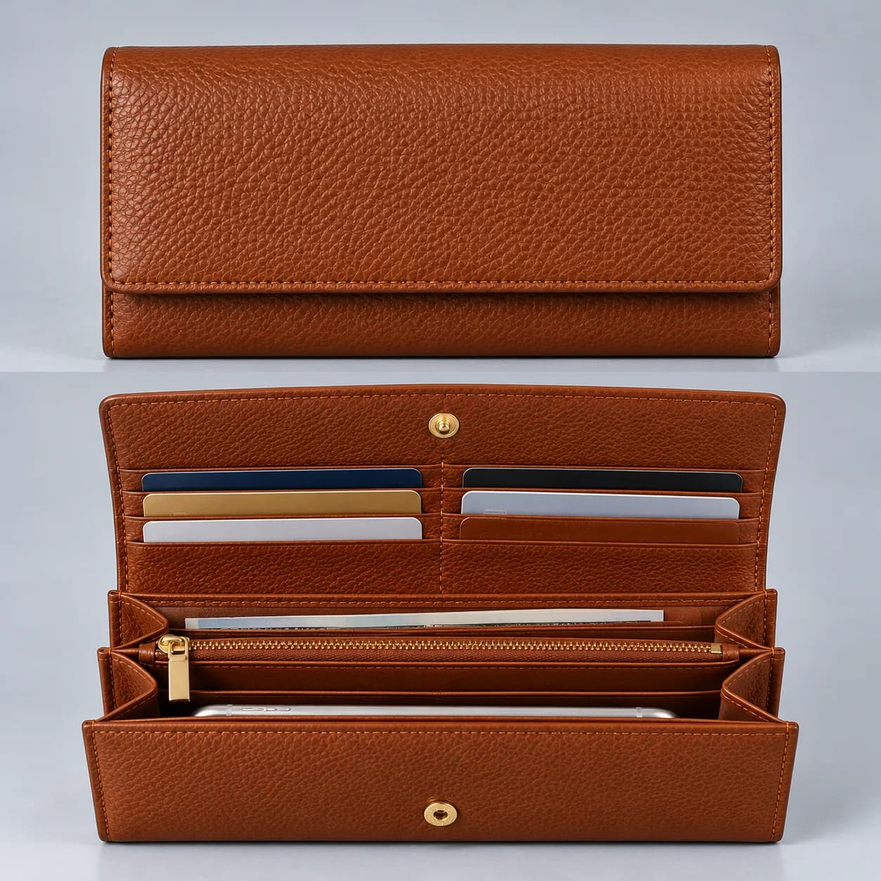 Leather long purse product direction on a neutral studio background