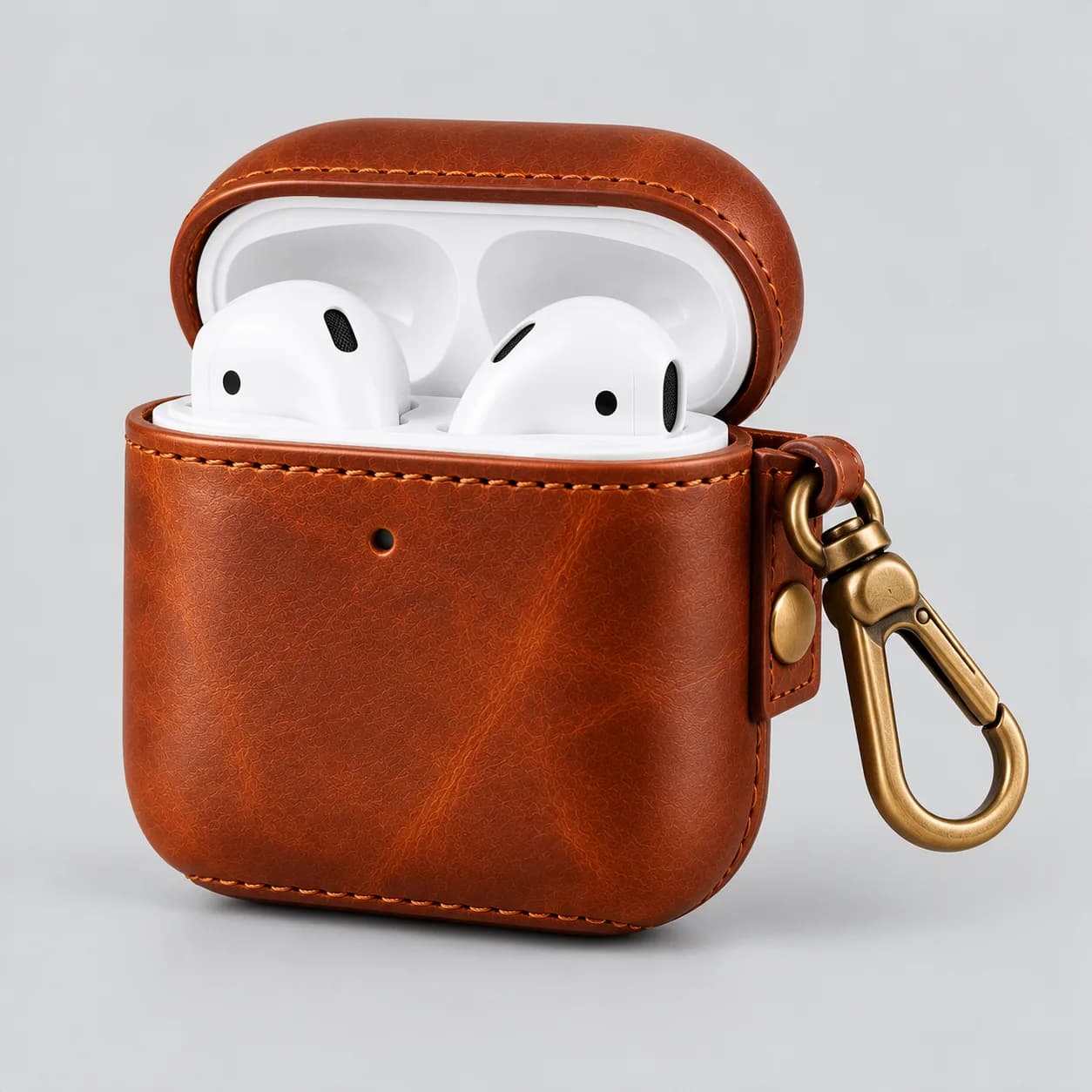 Leather earbuds case product direction on a neutral studio background